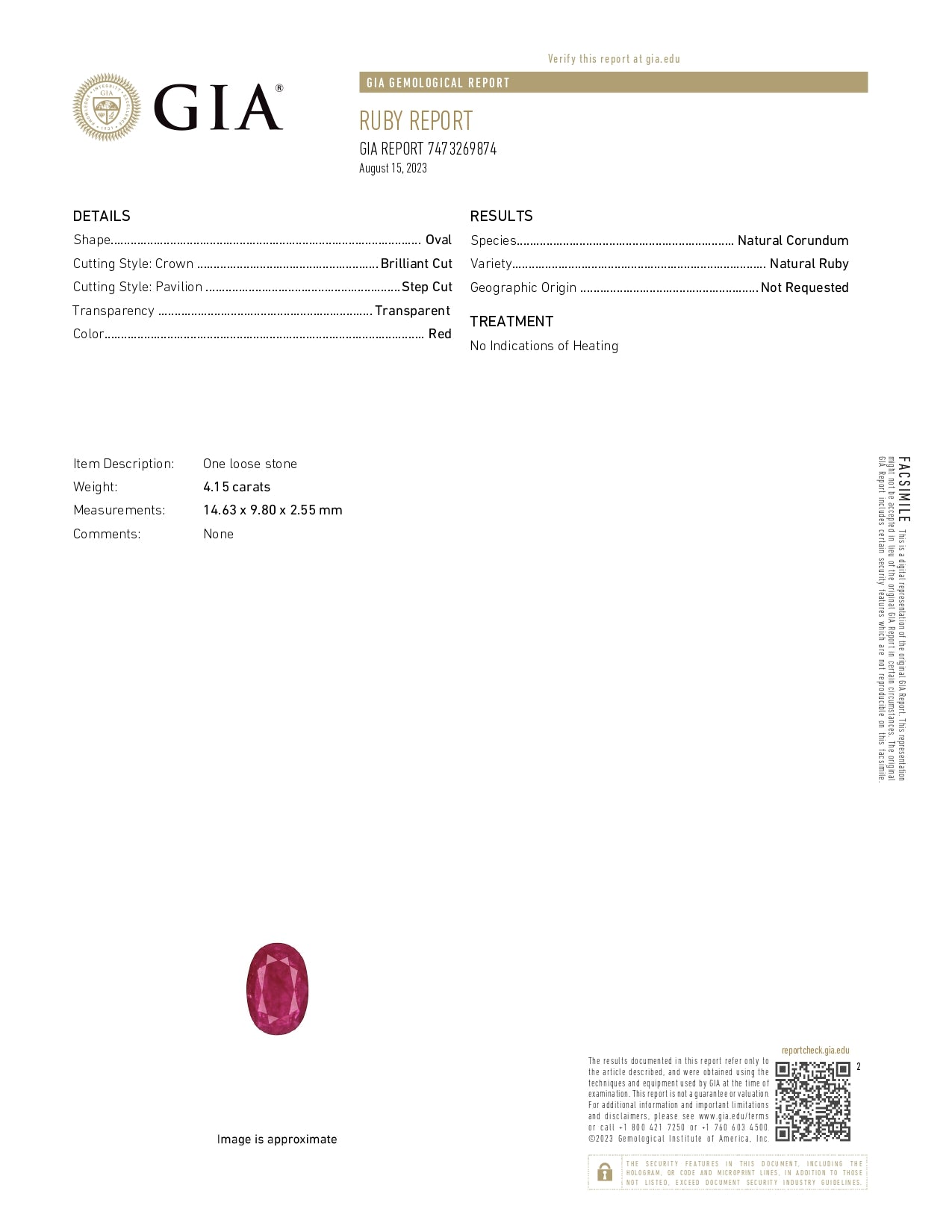 Ruby Un-Heat - Oval 14.63x9.80MM - 4.15 Cts.