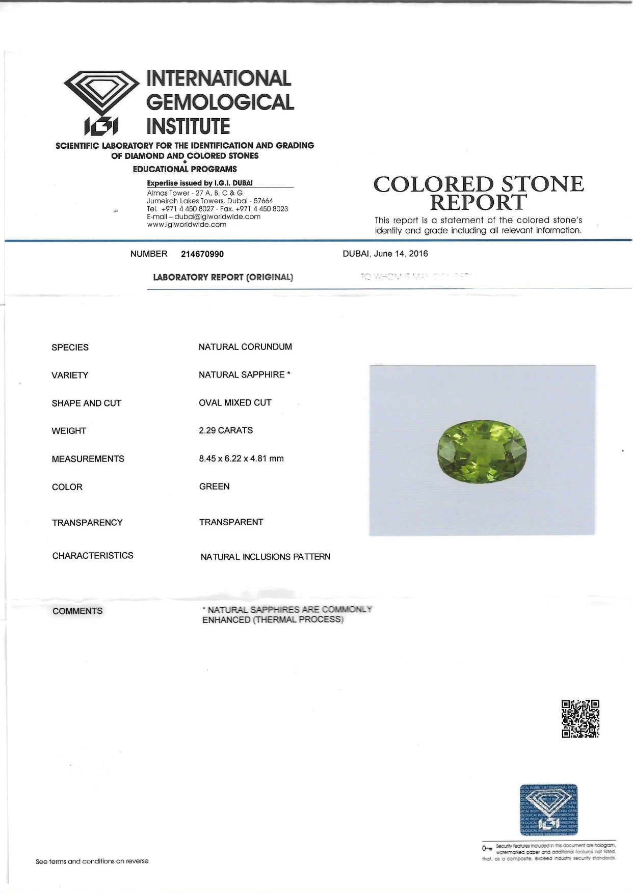 Green Sapphire - Oval 8.45x6.22MM - 2.29 Cts.