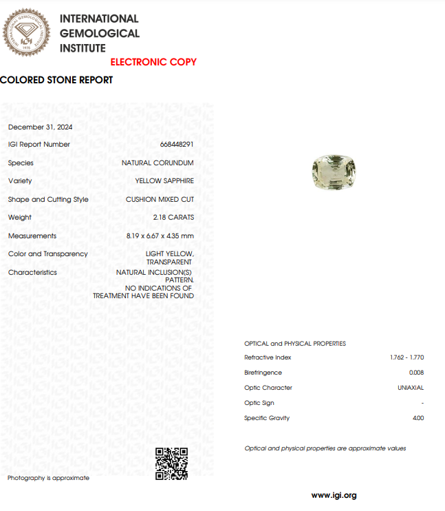 Yellow Sapphire Un-Heat - Cushion Rectangular 8.16x6.65MM - 2.18 Cts.