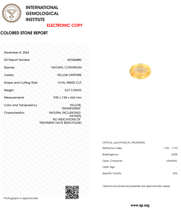 Yellow Sapphire Un-Heat - Oval 9.92x7.28 MM - 3.07 Cts.