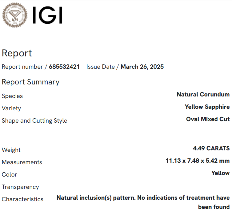 Yellow Sapphire Un-Heat - Oval 11.13x7.48MM - 4.49 Cts.