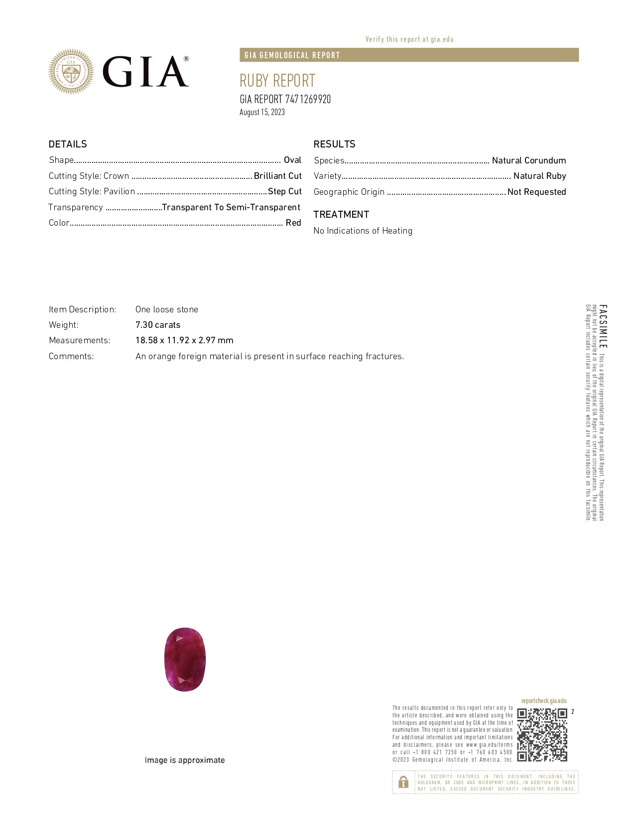 Ruby - Oval 18.58x11.92MM - 7.30 Cts.