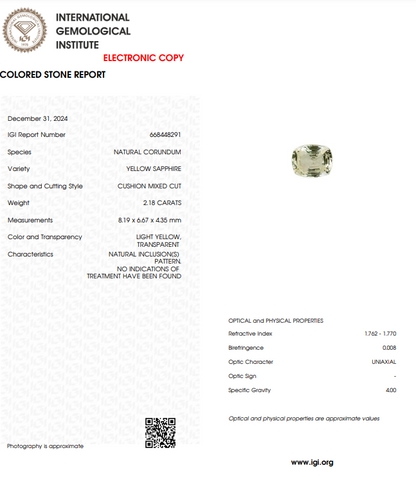 Yellow Sapphire Un-Heat - Cushion Rectangular 8.16x6.65MM - 2.18 Cts.